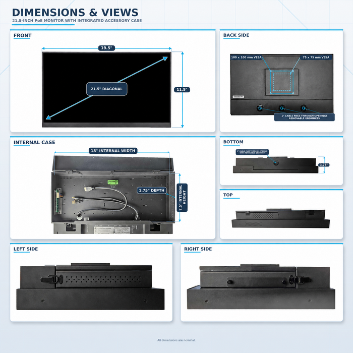 21.5" POE Powered Monitor, POE Output Passthrough, 12V DC Outputs, 1080p, Speakers, Built In Accessory Case