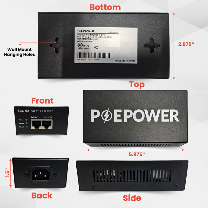 POEPower Ultra High Power 802.3bt 90 Watt POE ++ Injector Gigabit 10/100/1000, Rugged Metal Case, Powers IP Cameras, POE Lighting, Access Control