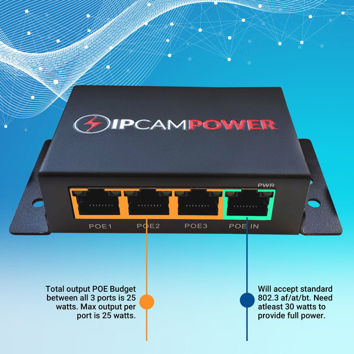 IPCamPower PoE Powered 3 Port Switch & Network Cat5 Cat6 Midspan Cable Range Extender Pass Through Repeater for IP Cameras - Run Cables Up to 1148