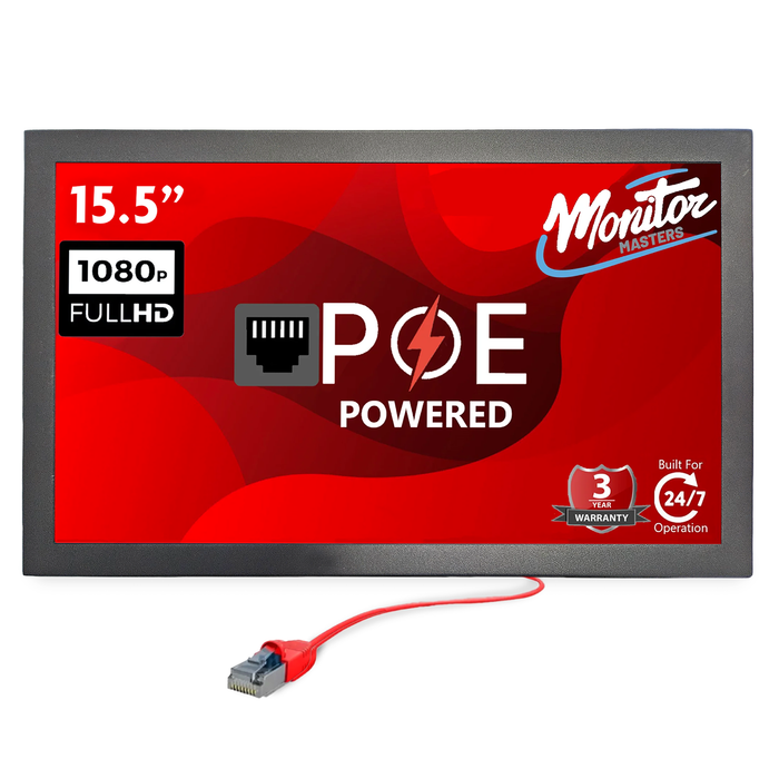 15.5" POE Powered Monitor, POE Output Passthrough, 12V DC Outputs, 1080p, Built In Accessory Case