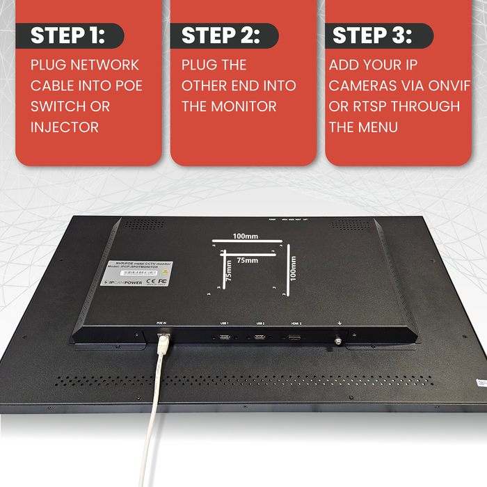 IPCamPower 21.5" POE-Powered CCTV Spot Monitor with Integrated 8 Channel IP Camera Decoder, Compatible w/ Most IP Cameras, Built-in Speakers, Vesa, Public View and Secondary Monitor, PVM, 1080P (IPCP-SPOTMONITOR)