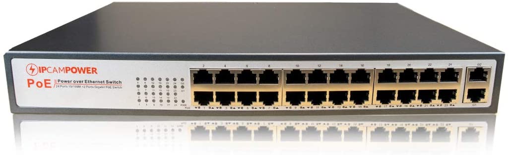 IPCamPower 24 Port POE Network Switch W/ 2 Gigabit Uplink Ports | POE+ Capable of Pushing 30 Watts per Port | 250 Watts Total Budget IPCP-24P2G-AF2
