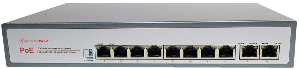 8 Port POE Switch W/ 2 Uplink Ports | Extend Mode for 800' Cable Runs | POE+ Capable of 30 Watts per Port | 130 Watts Total Budget IPCP-8P2G-EXAF