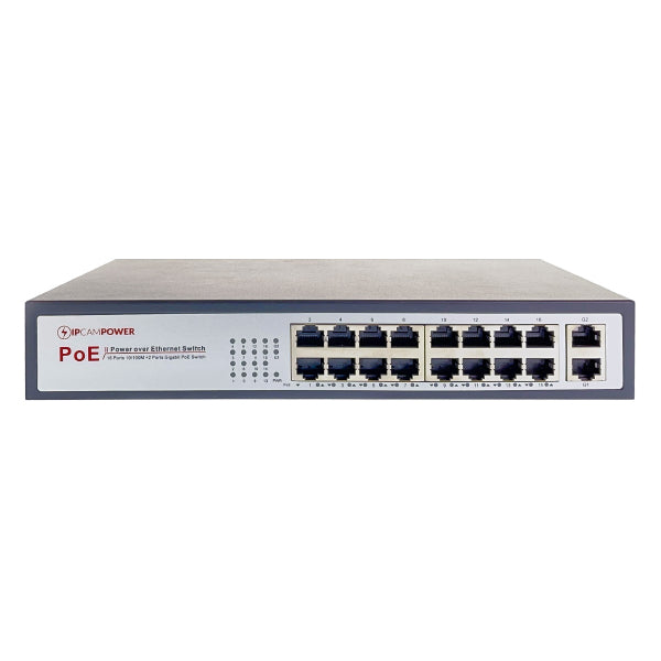 IPCamPower 16 Port POE Network Switch W/ 2 Gigabit Uplink Ports | POE+ Capable of Pushing 30 Watts per Port | 200 Watts Total Budget IPCP-16P2G-AF2